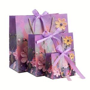 1pc Oil Painting Style Three-dimensional Flower Gift Bag, Double-layer Yarn Bow